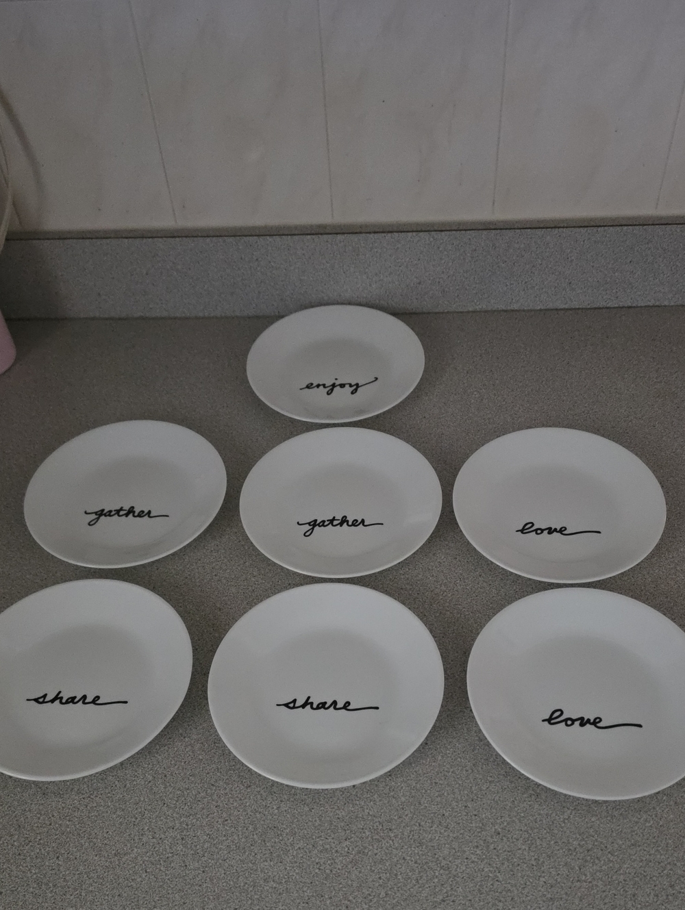 White Ceramic 'Gather/Share/Love/Enjoy' Dessert Plates - Set of 7